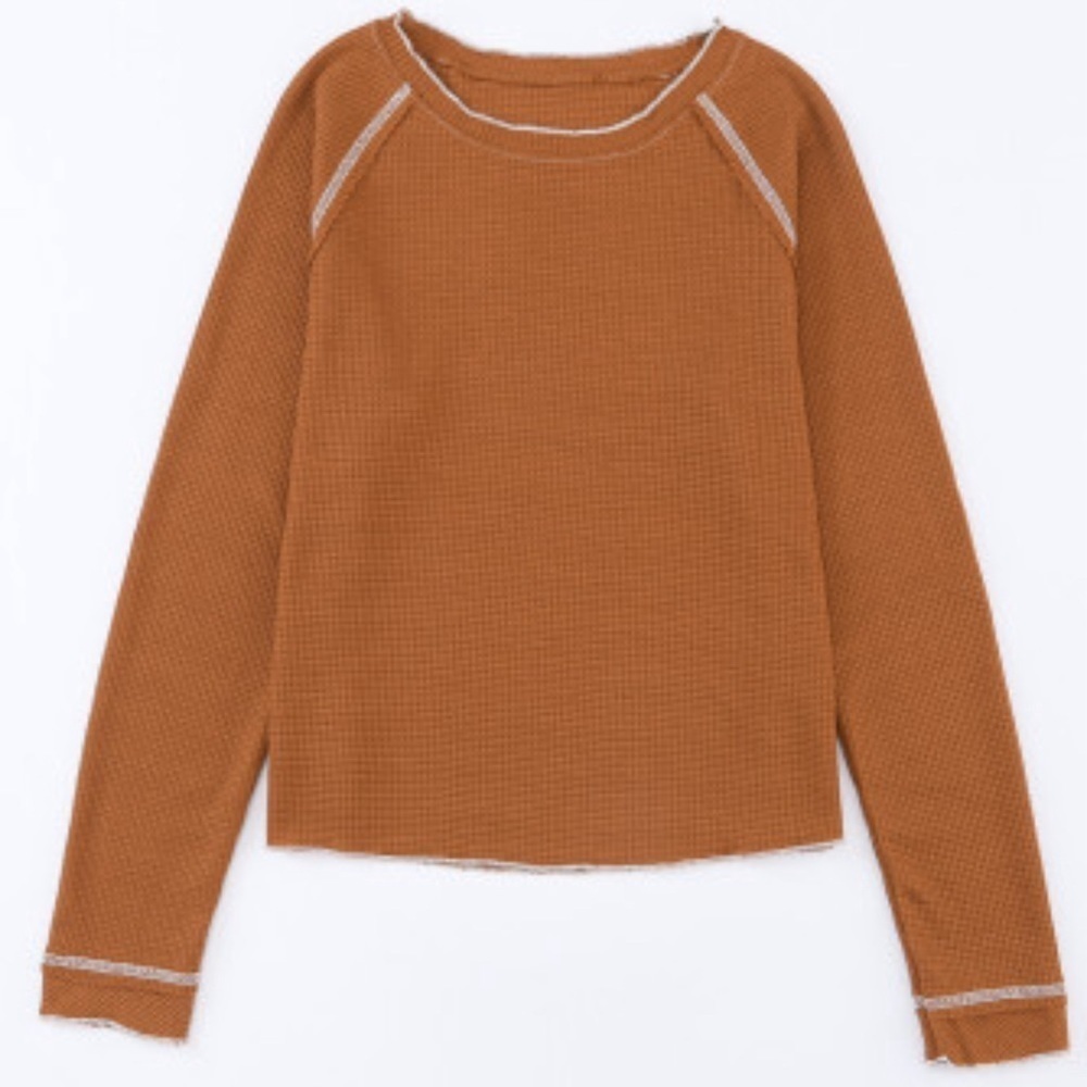 NEW Brown Waffle Knit Top with Raw Whipstitch Hems - Picture 4 of 10